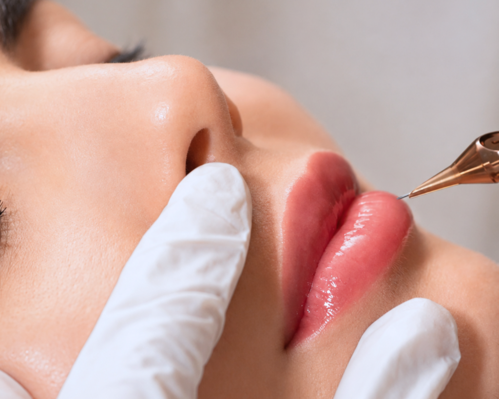 Lip blush permanent makeup treatment being performed to enhance lip colour, definition, and natural-looking symmetry.