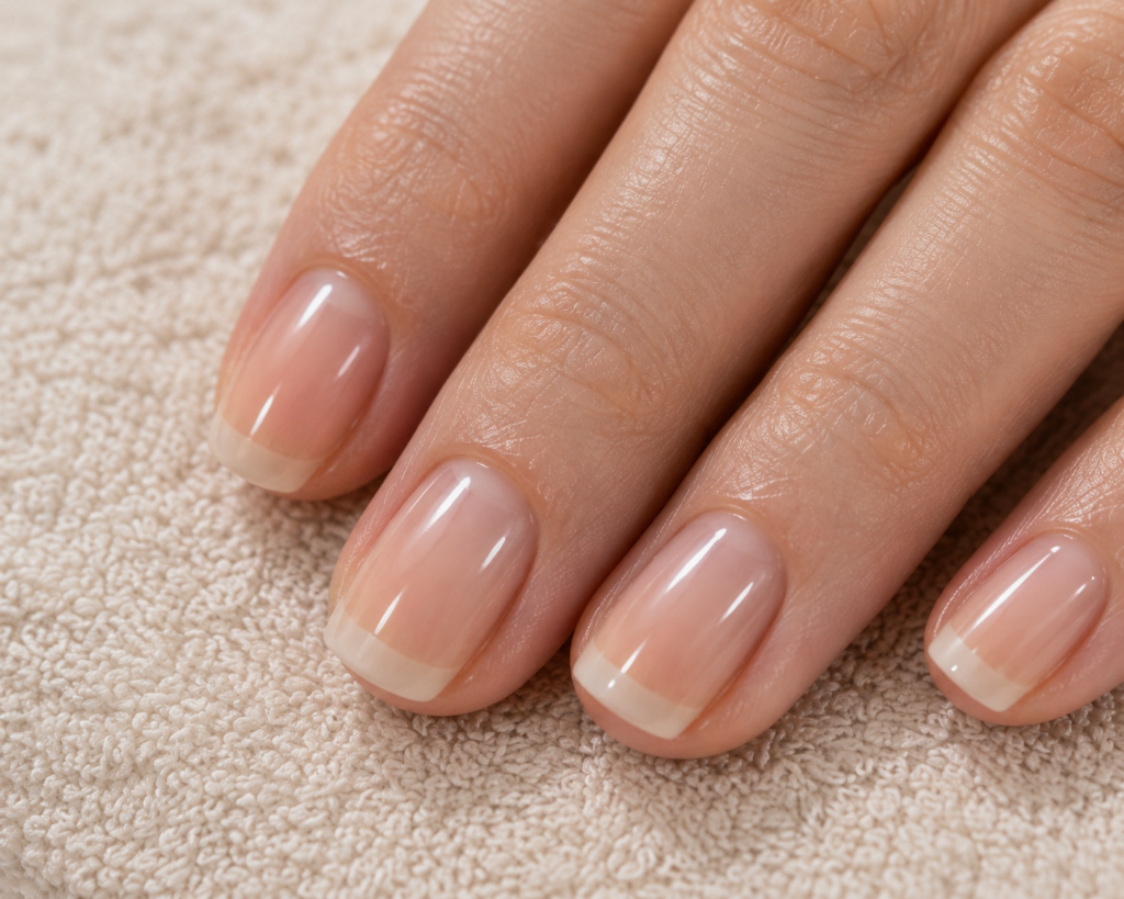 Healthy natural nails after a professional no polish manicure, featuring clean cuticles, natural shine, and beautifully shaped nails.