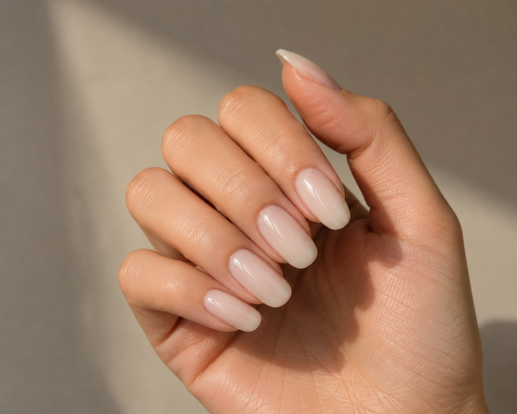 Elegant gel-X manicure with soft milky nude extensions, showcasing a flawless high-gloss finish and beautifully shaped nails.