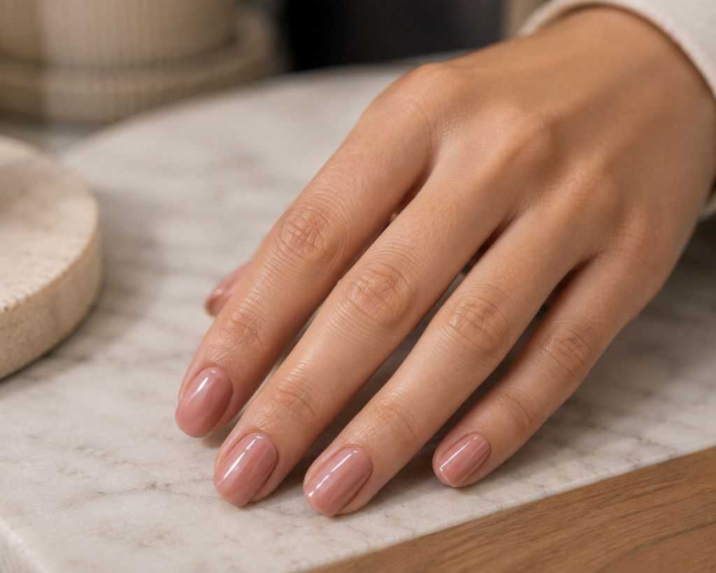 Elegant nail lacquer manicure with glossy nude polish on short natural nails, showcasing healthy nails and precise cuticle care.
