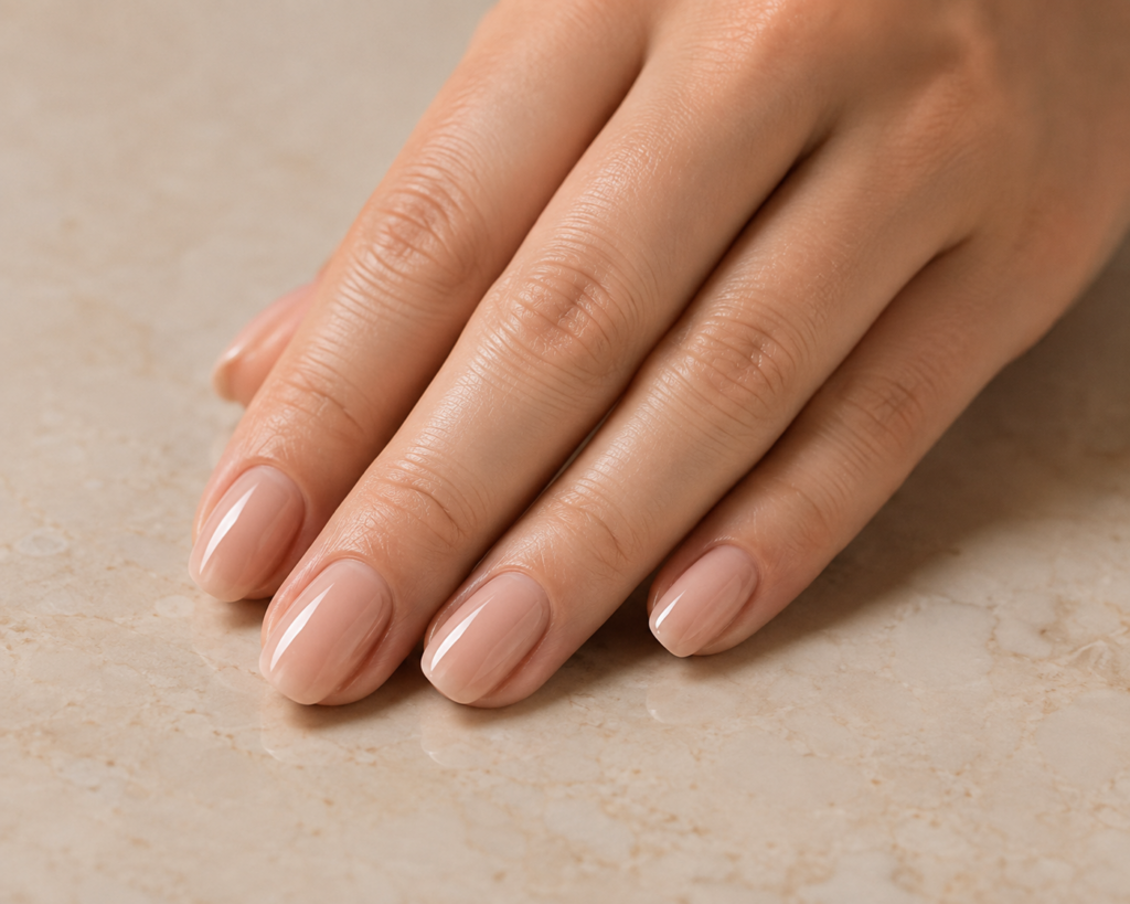 Close-up of healthy natural nails after a Russian manicure, featuring precise cuticle work and a glossy nude finish.