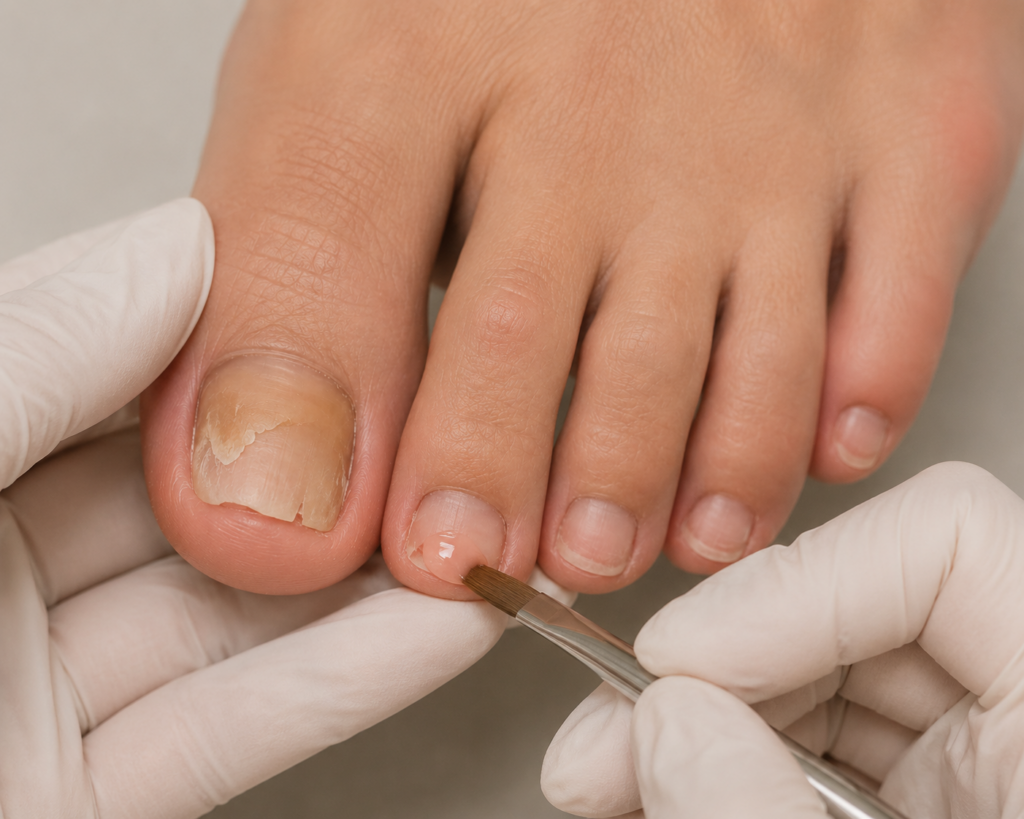 Toenail reconstruction treatment restoring the appearance of a damaged toenail using a natural-looking reconstruction technique.
