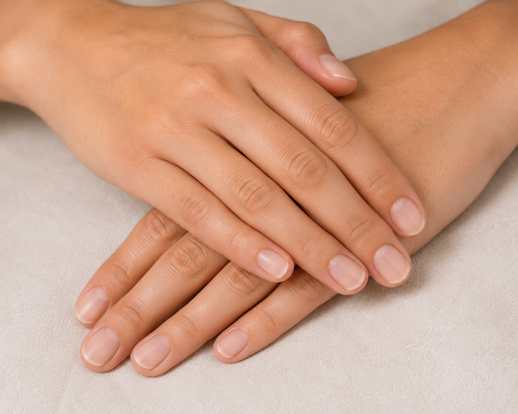 Healthy natural nails after an IBX nail treatment designed to repair and strengthen natural nails from within.